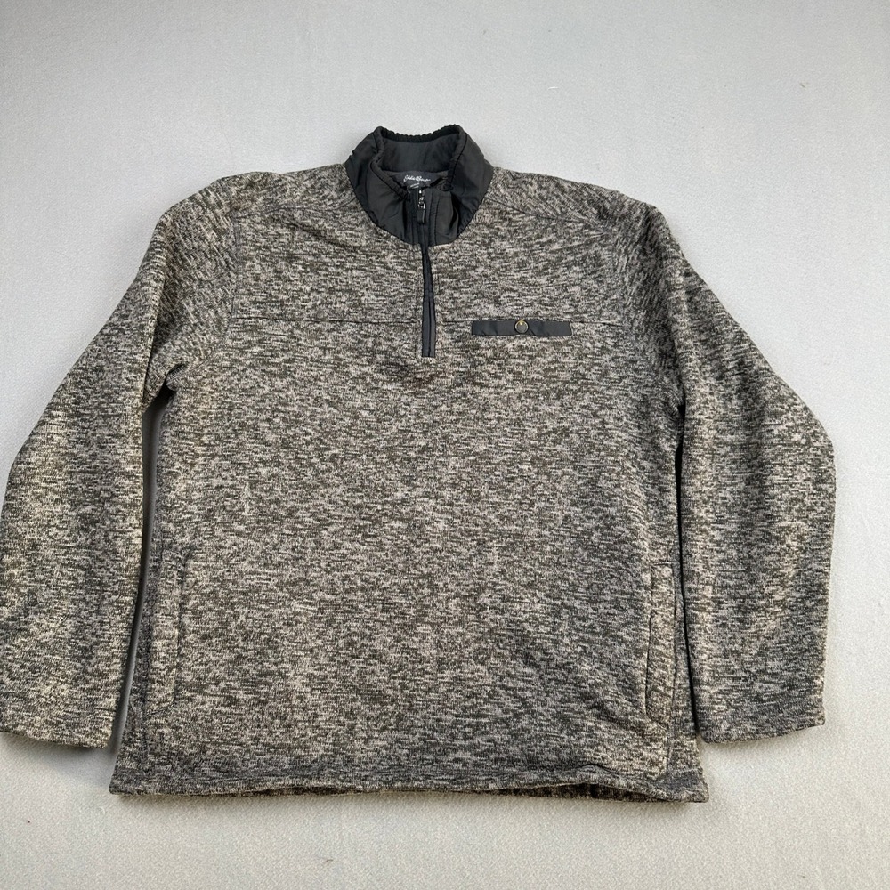 Eddie Bauer Mens 1/4 Zip Sweater Fleece Pullover Marled Grey Large Chest Pocket